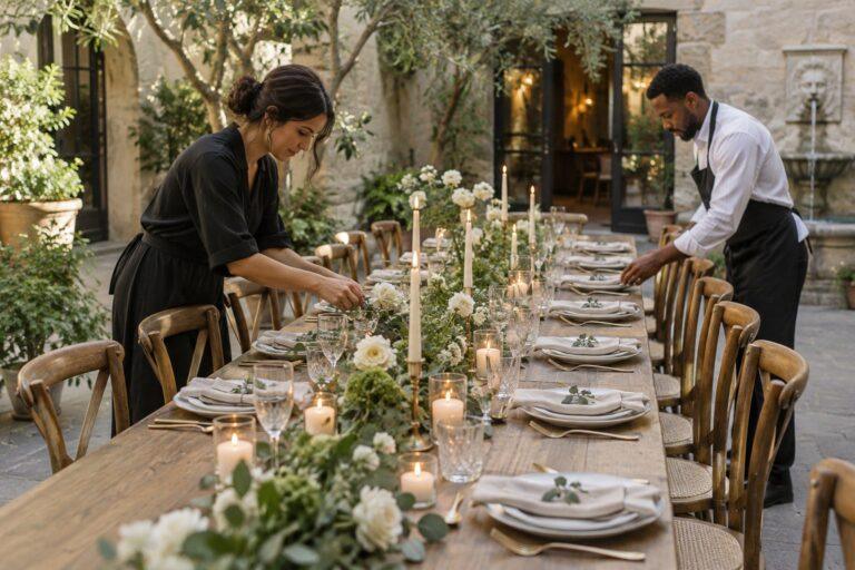 micro wedding vendors setting up an intimate dinner