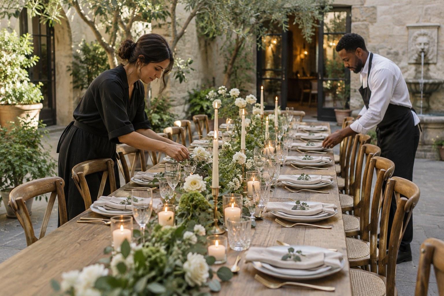 micro wedding vendors setting up an intimate dinner