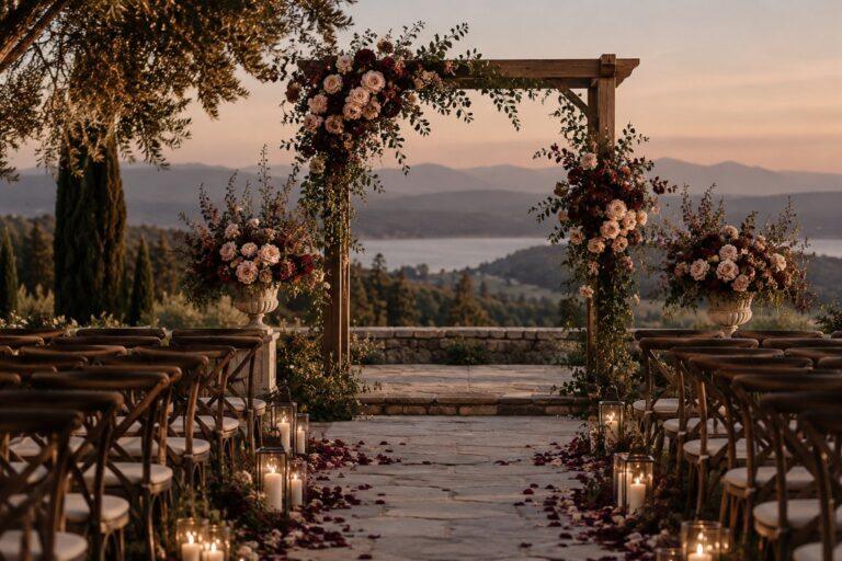 Ceremony florals designed to move Repurposing wedding flowers — ceremony arch arrangements of blush and burgundy roses designed to move to the reception