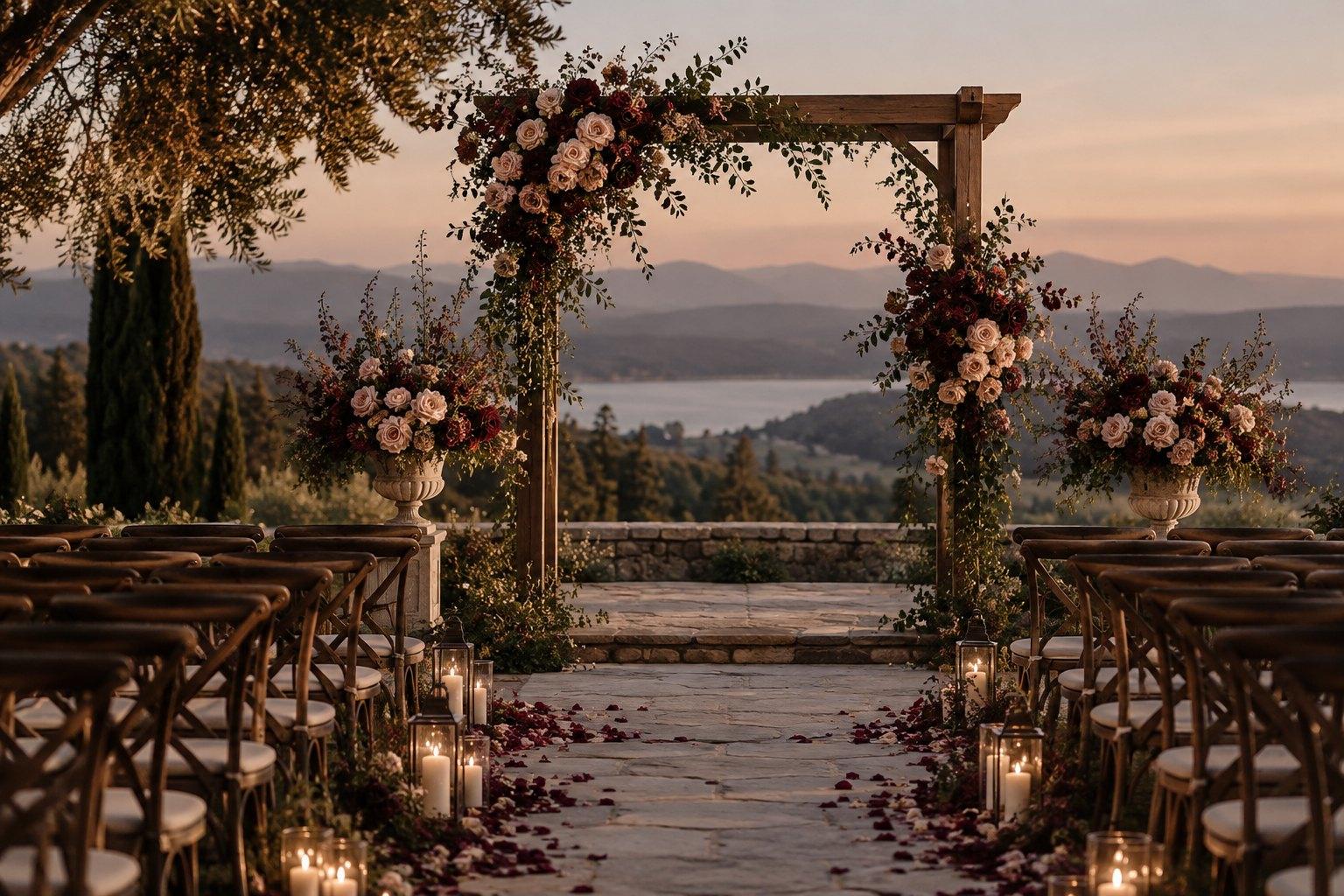 Repurposing wedding flowers — ceremony arch arrangements of blush and burgundy roses designed to move to the reception