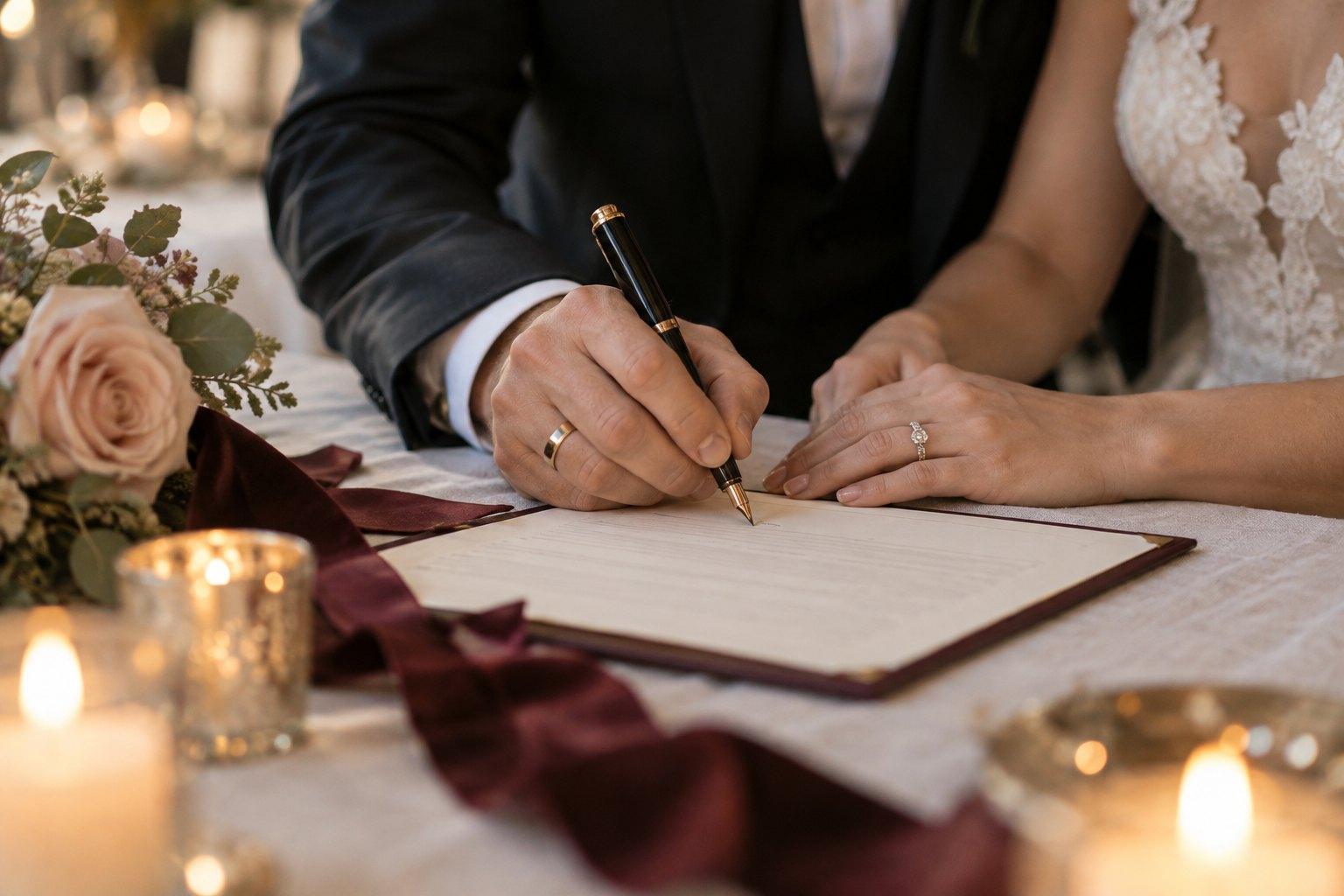 Couple's hands signing the wedding register at the end of the ceremony