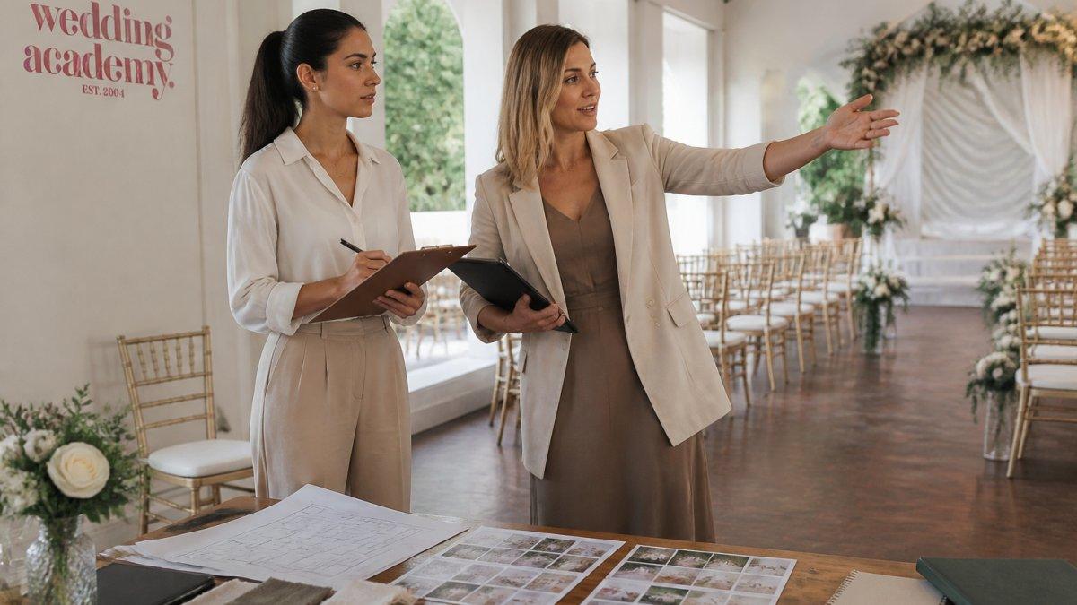 A young woman in smart casual clothes shadowing an experienced wedding planner at a venue walkthrough, holding a clipboard and taking notes while the planner gestures toward a ceremony space