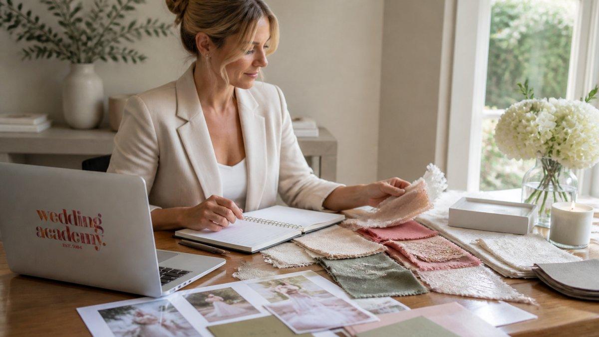 A wedding planner in a bright home office reviewing fabric swatches spread across a wooden desk, notebook open beside a laptop, soft morning light through a window