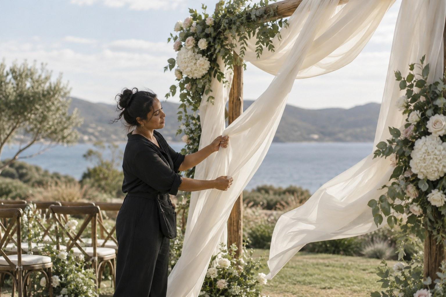 wedding stylist draping fabric on a ceremony arch