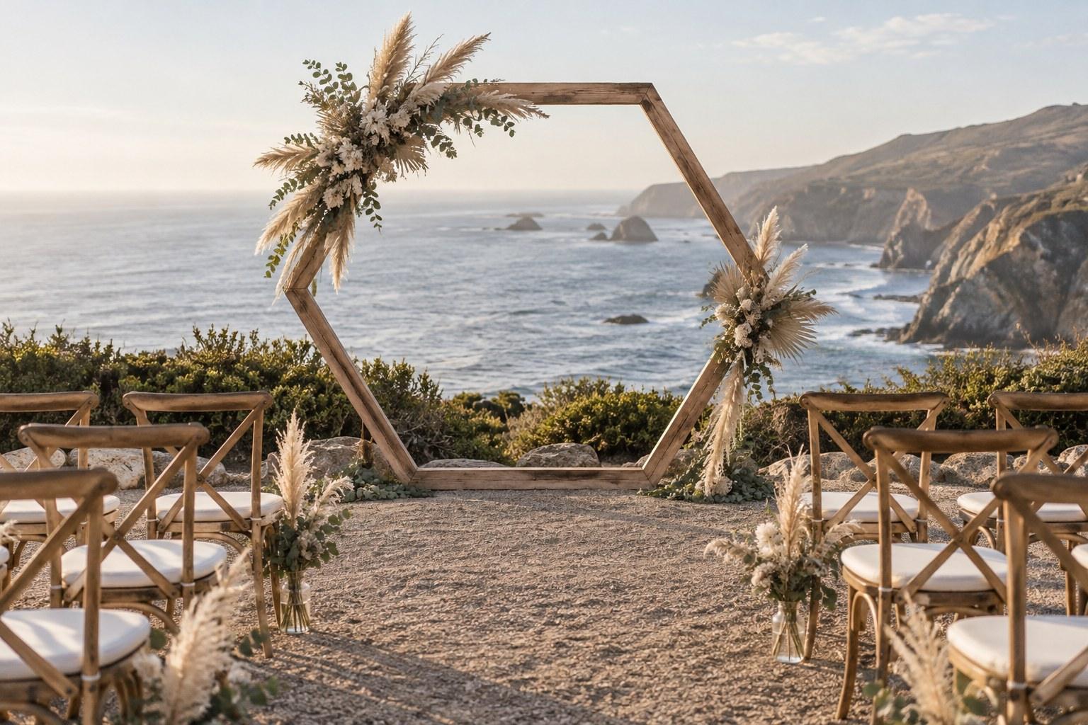 hexagon wedding arch styling with minimal florals