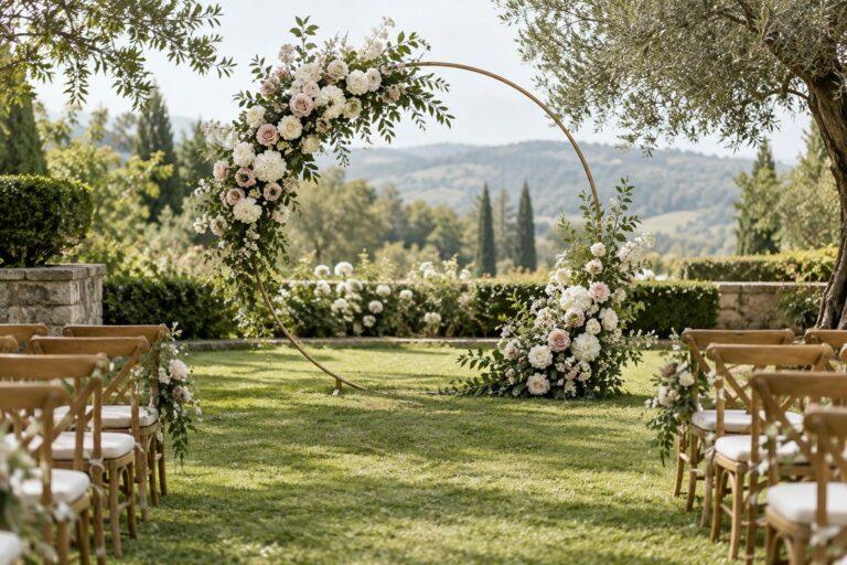 round wedding arch styled with asymmetric florals