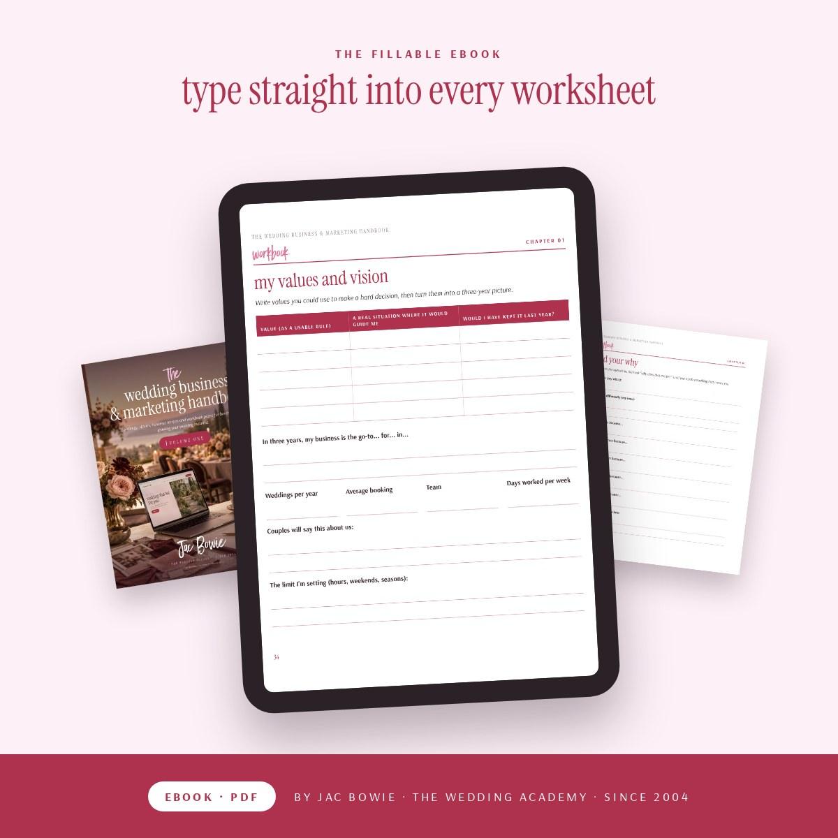 Wedding Academy | The Wedding Business & Marketing Handbook 2026 by Jac Bowie The Wedding Business & Marketing Handbook fillable ebook shown on a tablet