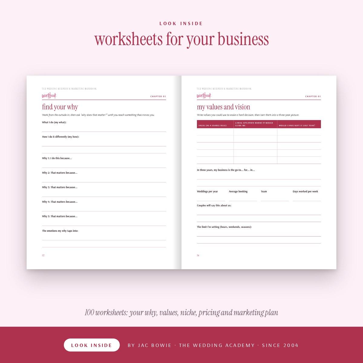Wedding Academy | The Wedding Business & Marketing Handbook 2026 by Jac Bowie Look inside The Wedding Business & Marketing Handbook: worksheets