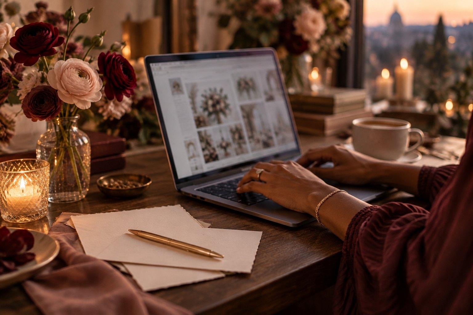 Wedding professional writing a wedding business newsletter on a laptop surrounded by flowers and stationery