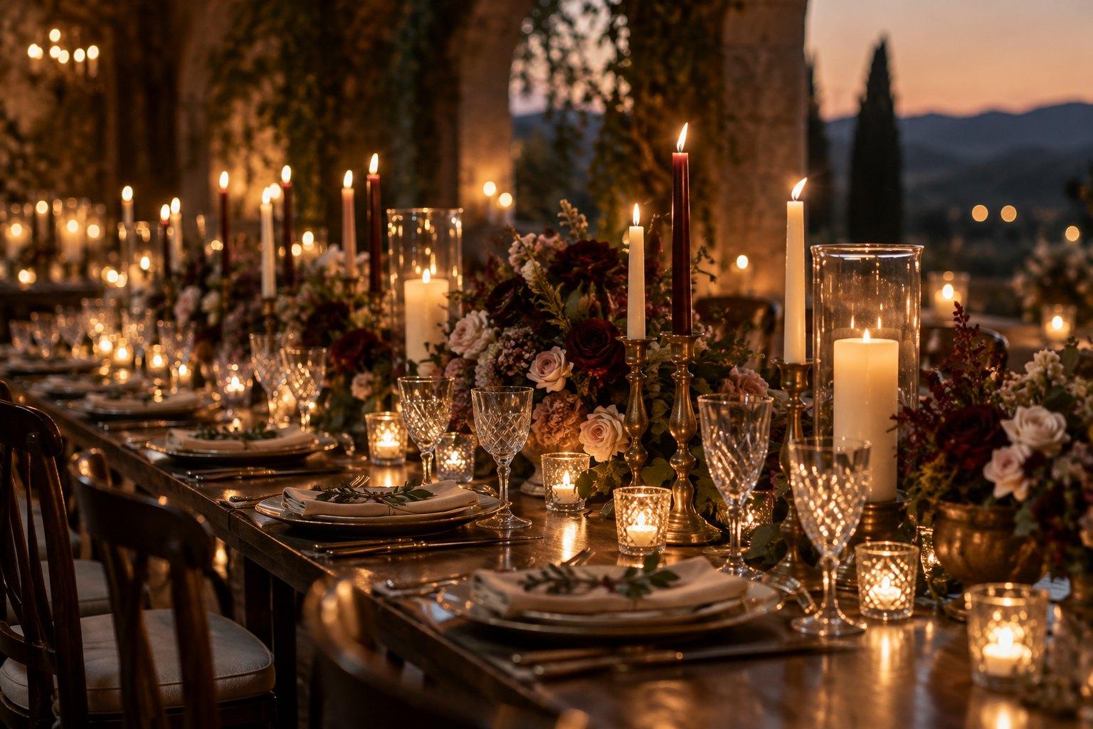 Wedding candle styling on a reception tablescape with taper candles, hurricanes and votives glowing among blush florals