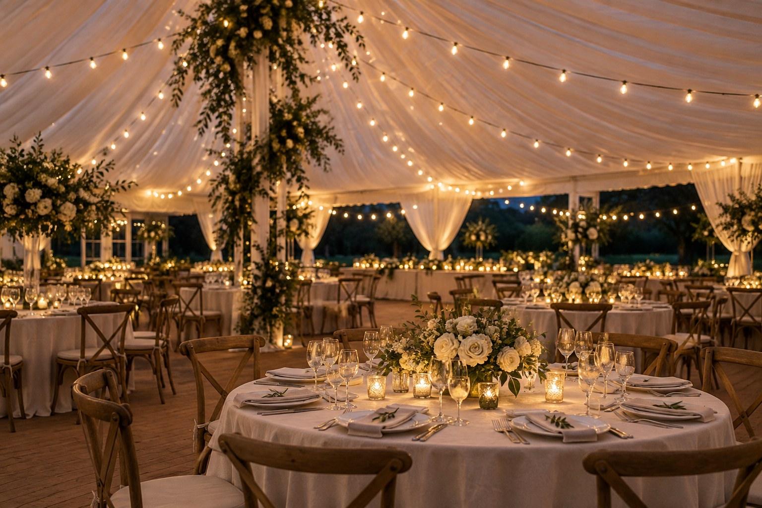 wedding ceiling installations using draping and festoon lights