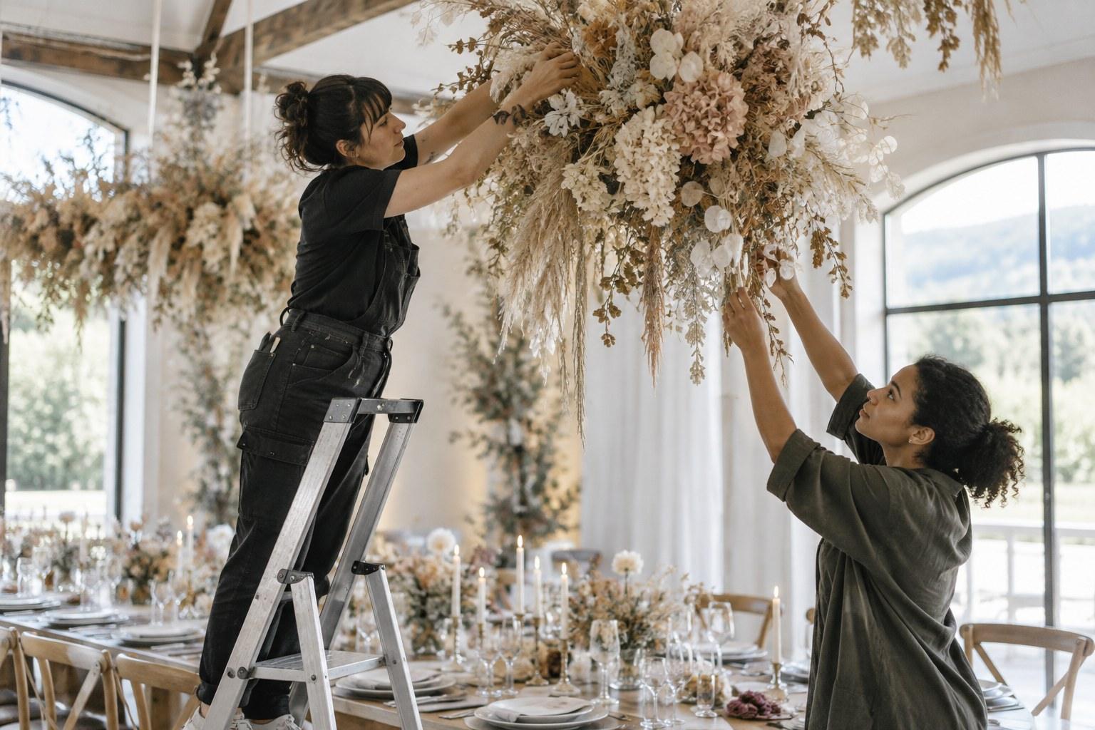 wedding stylist installing a ceiling installation
