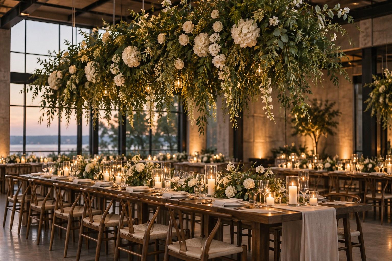 wedding ceiling installations with suspended florals over reception tables