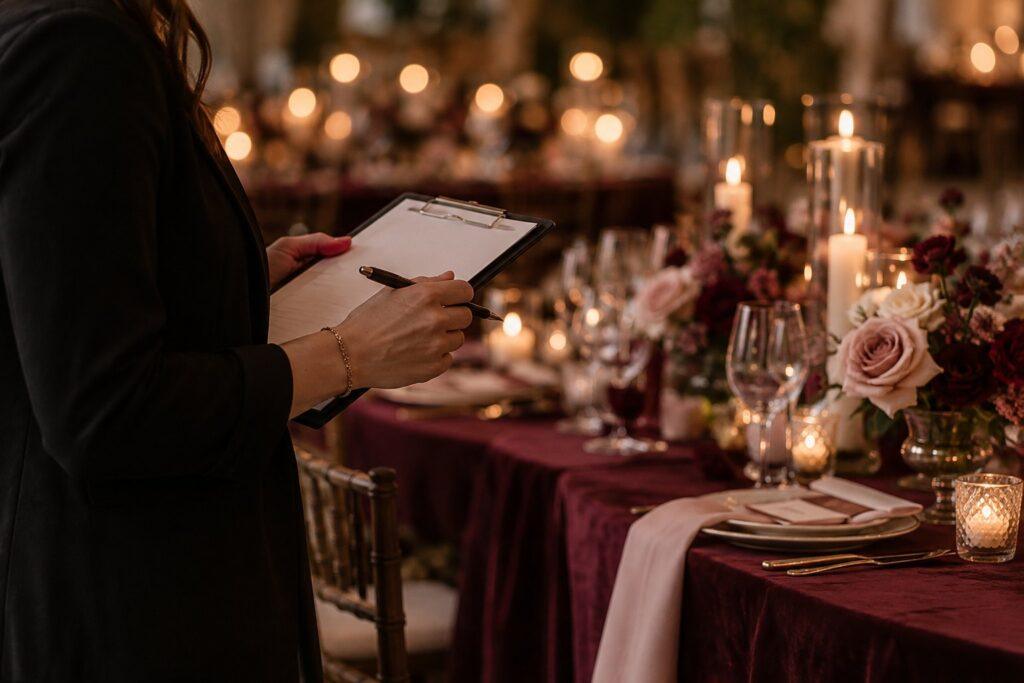 Wedding planner reviewing a wedding contingency plan on a clipboard at a candlelit venue