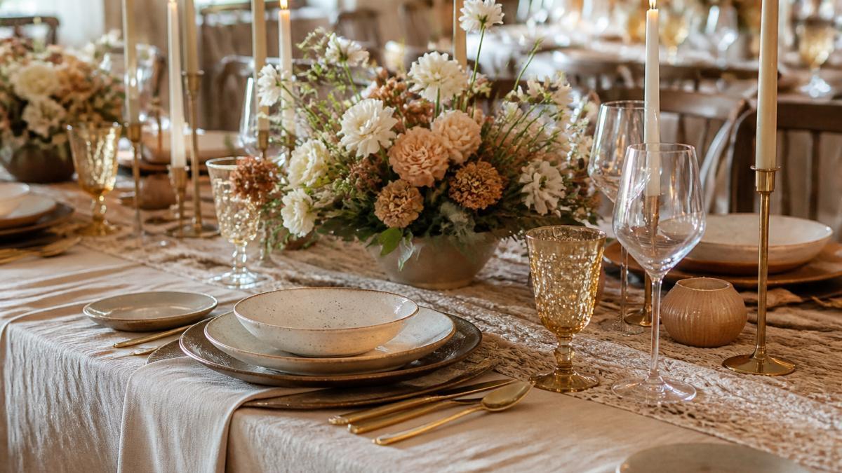 Wedding Academy | Wedding Design Trends for 2026: 12 Looks to Know A close-up of a wedding reception tablescape with textured linen runner, mixed warm metal and ceramic tableware, a low sculptural floral centerpiece and lit taper candles in a softly lit venue