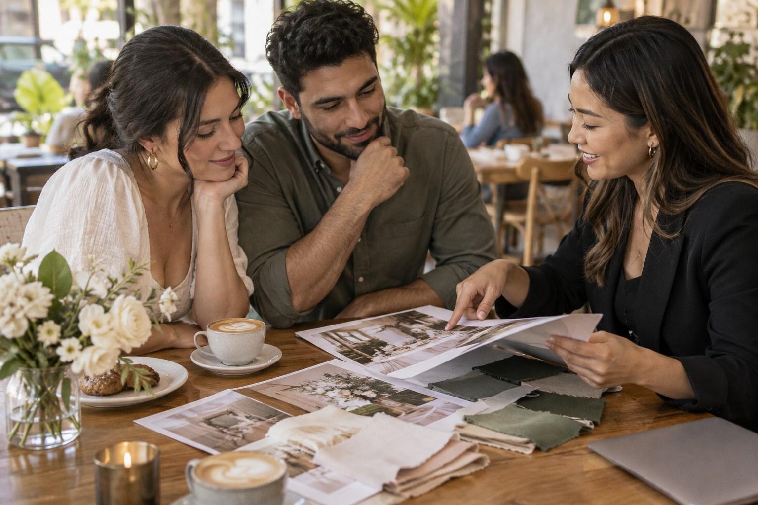 couple reviewing a wedding proposal with their planner
