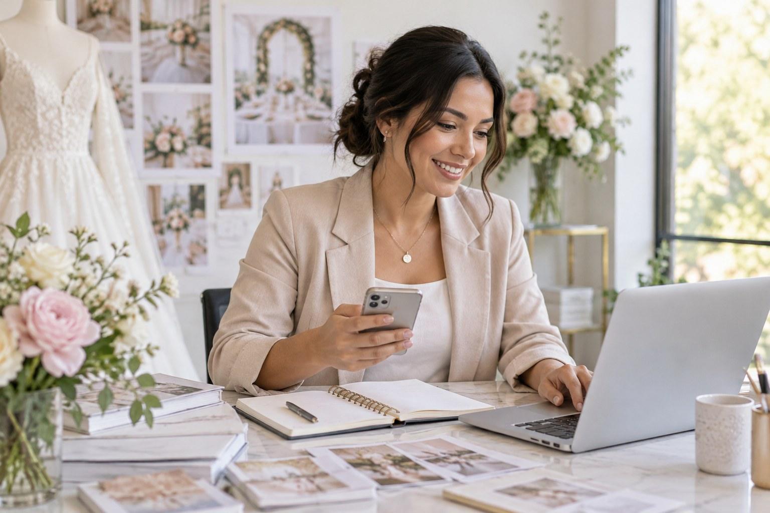 wedding planner replying to wedding enquiries on a laptop