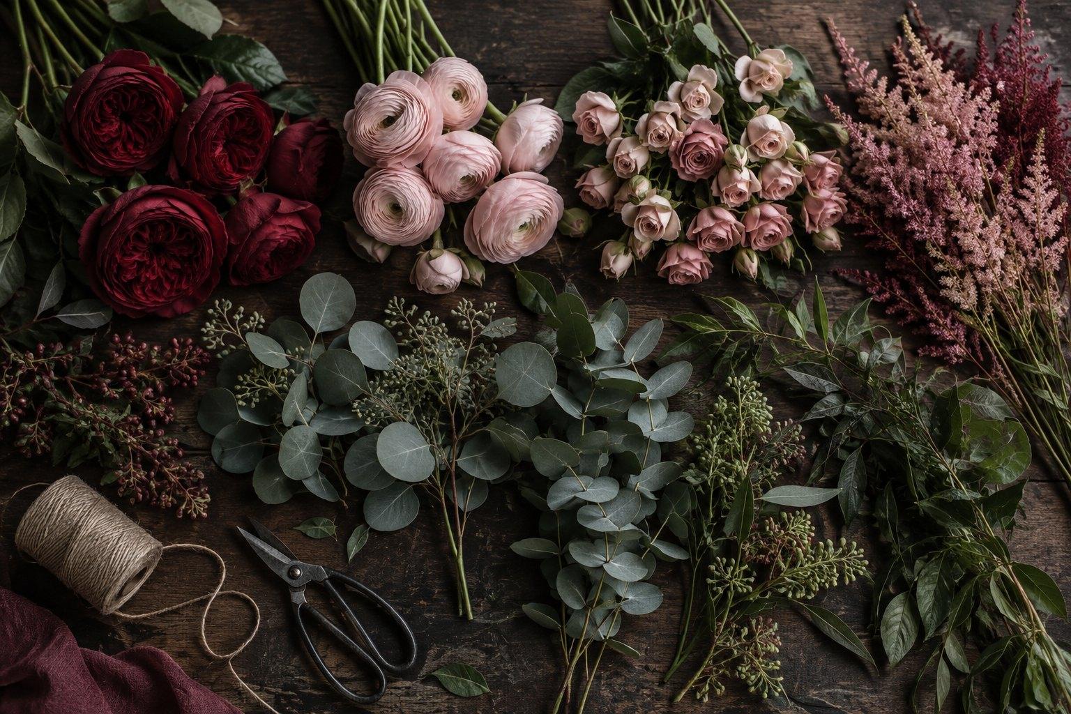 Floral recipe stem count laid out — roses, ranunculus, spray roses and foliage grouped by type before making a wedding bouquet