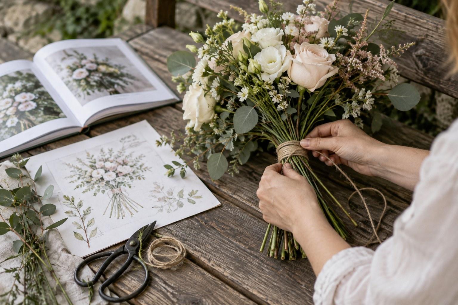 Wedding Academy | Wedding Floristry Books: What to Read Before You Pick Up a Stem practising a bouquet recipe from a wedding floristry book