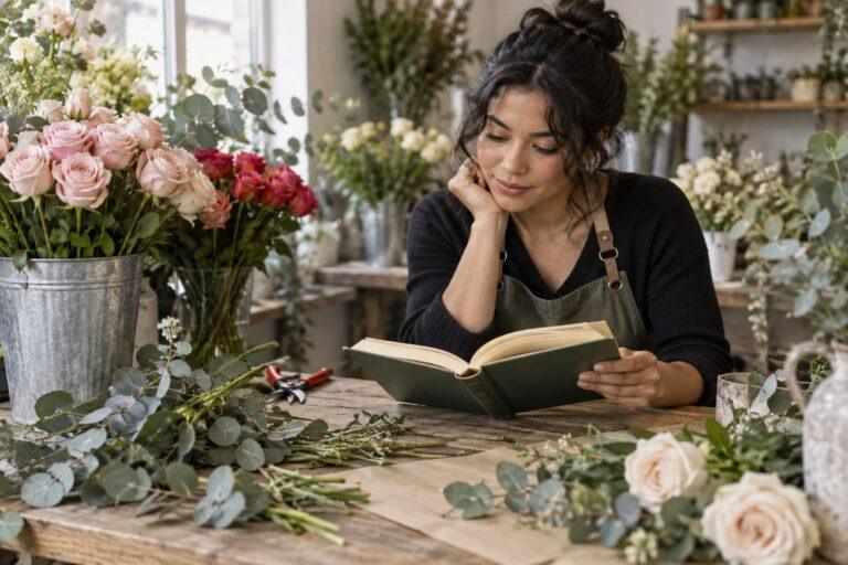 aspiring florist reading wedding floristry books in a flower studio