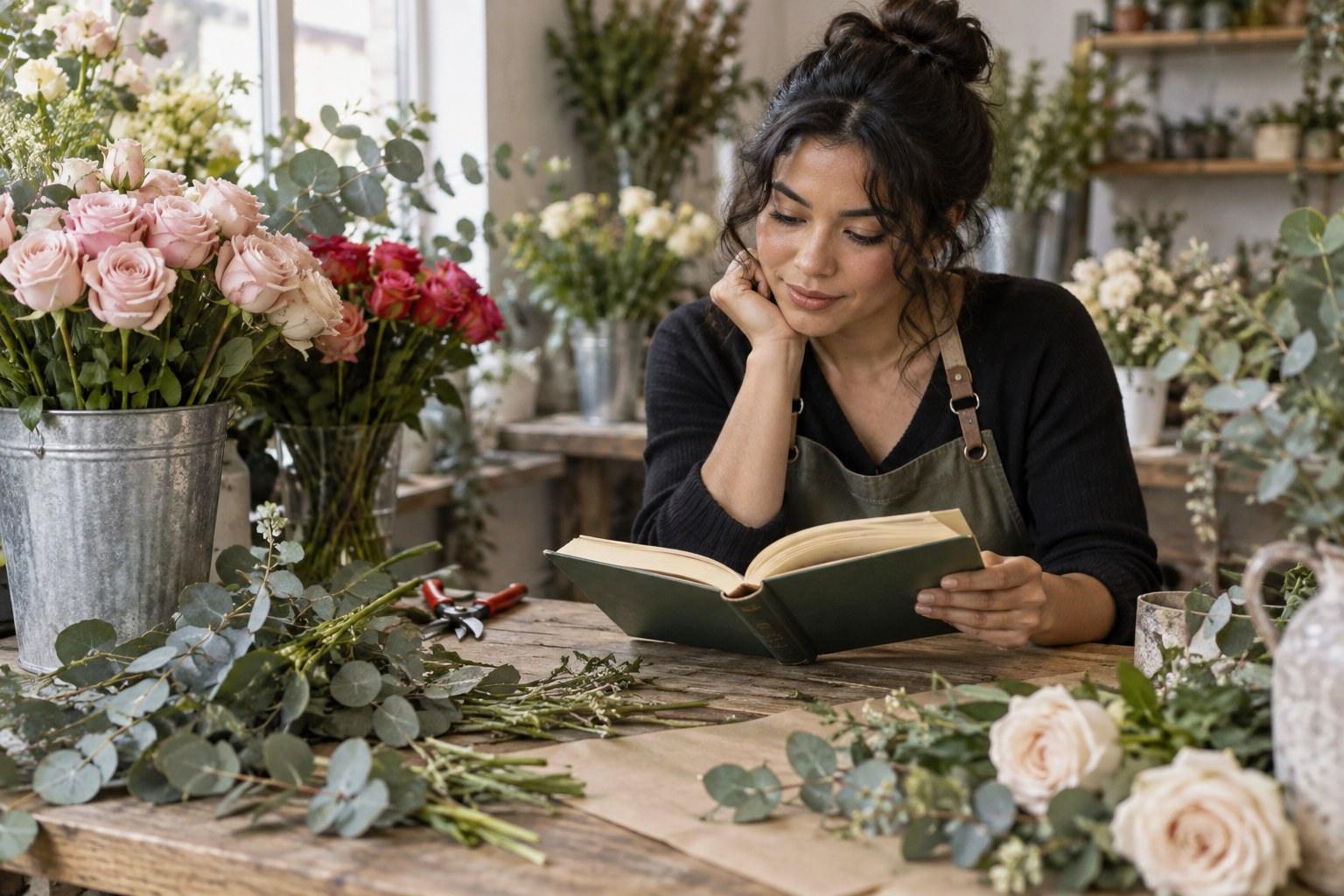 aspiring florist reading wedding floristry books in a flower studio