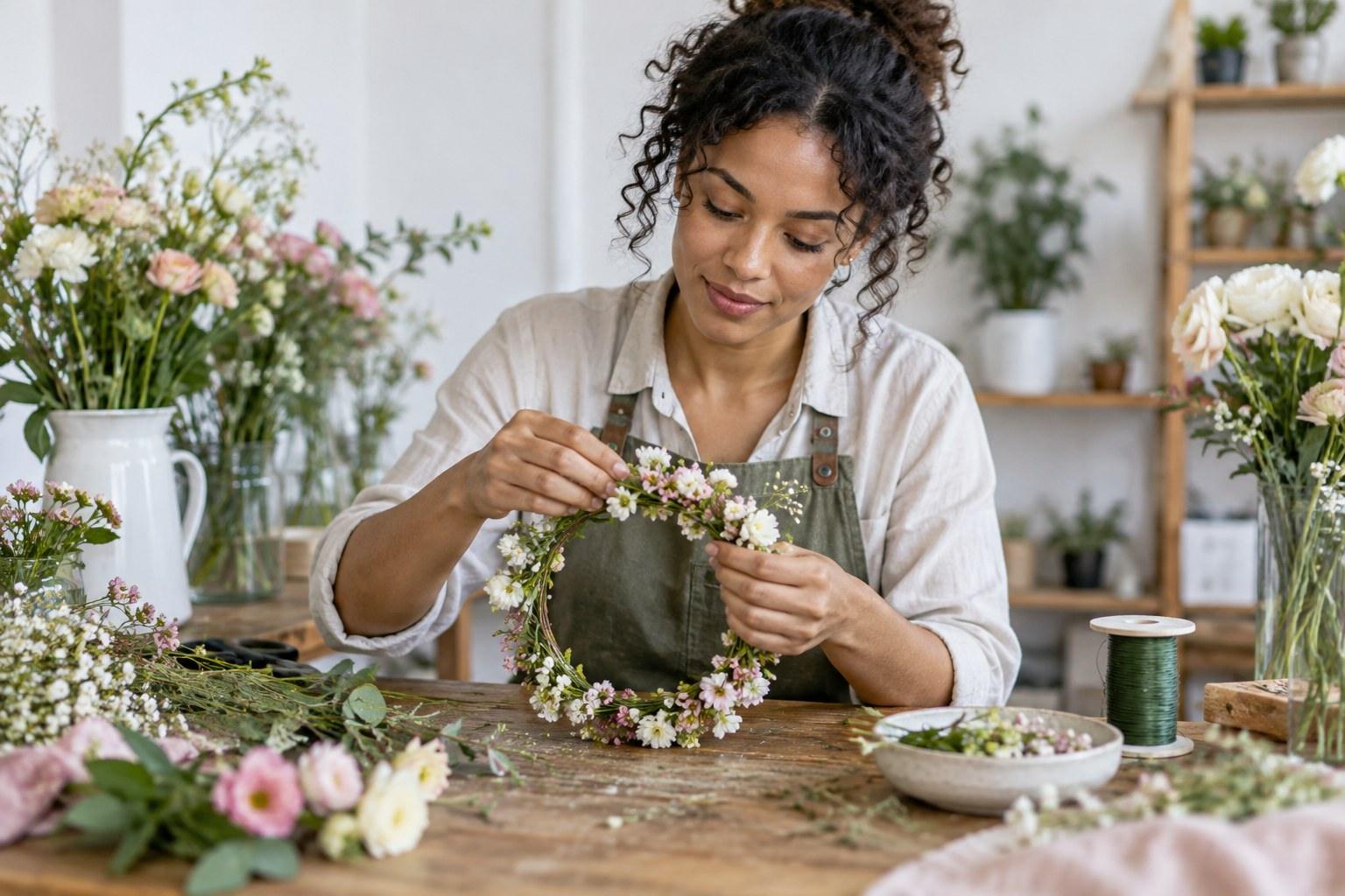 Wedding Academy | Wedding Floristry Mechanics: Wiring and Taping Techniques Explained wired wedding flower crown made with floristry mechanics