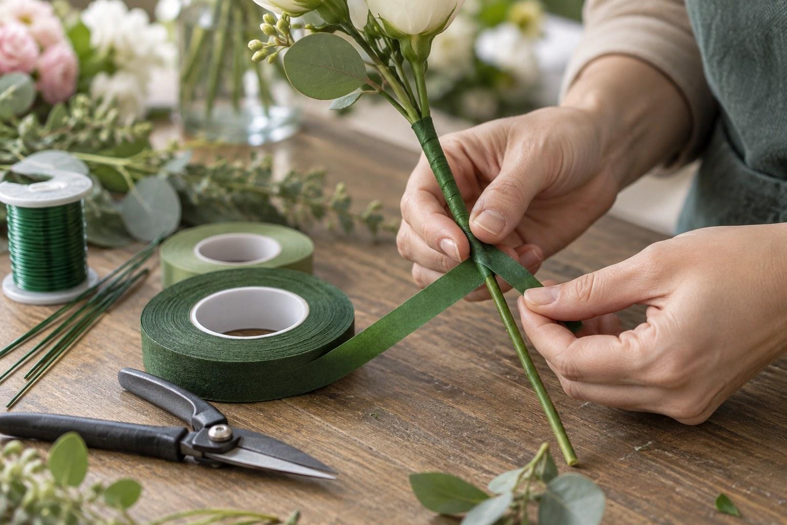 Wedding Academy | Wedding Floristry Mechanics: Wiring and Taping Techniques Explained florist taping wired stems with floral tape