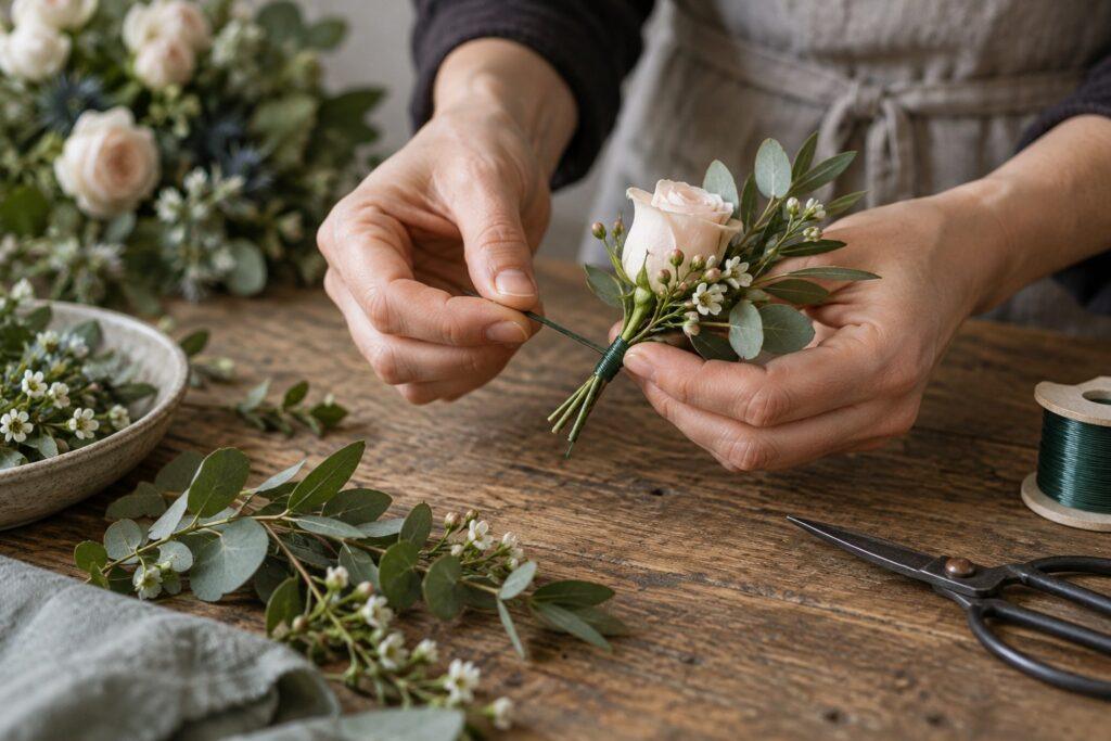 florist wiring a boutonniere using wedding floristry mechanics