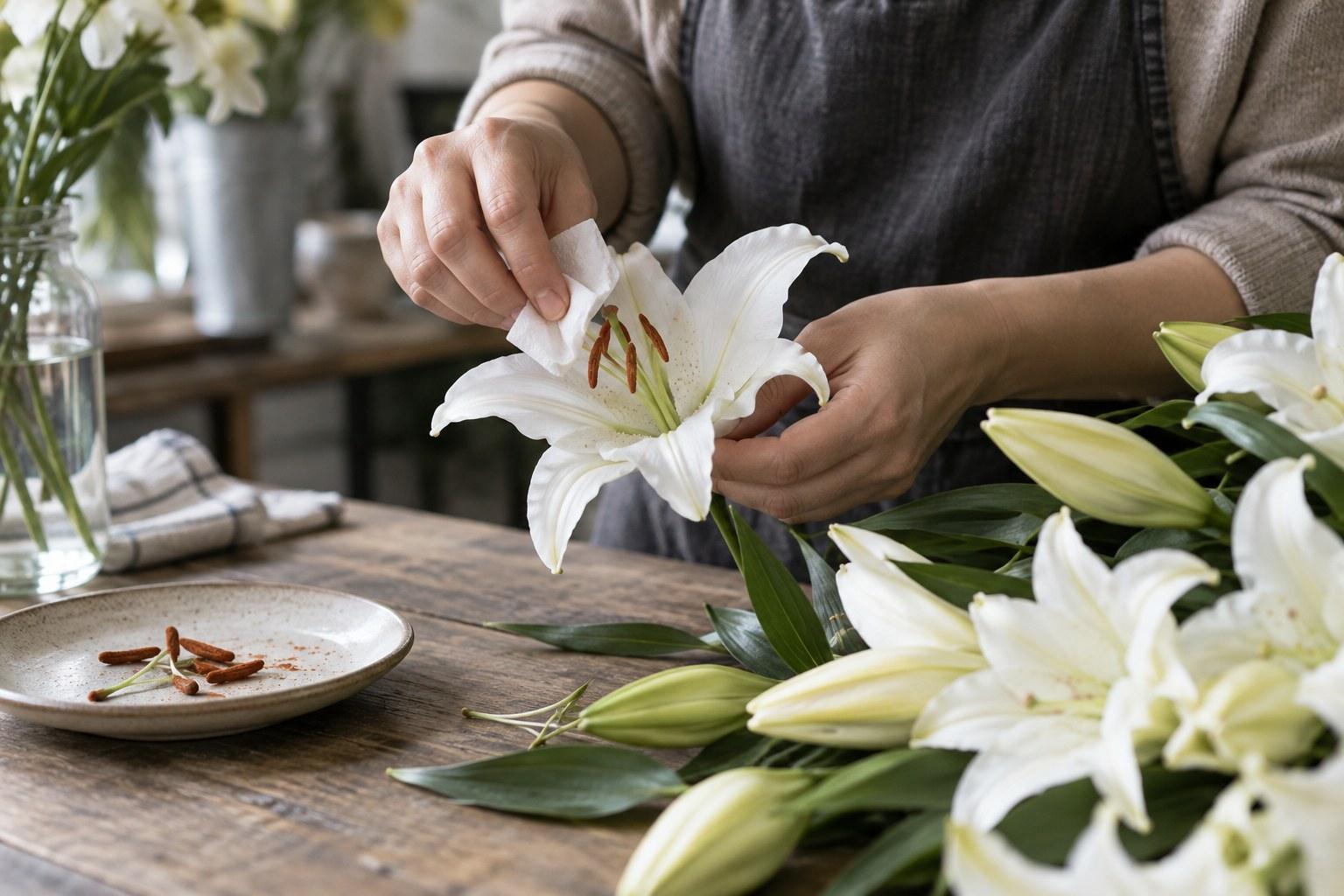 Wedding Academy | Wedding Flower Allergies: What Florists Should Ask Clients First florist removing lily stamens for a wedding arrangement