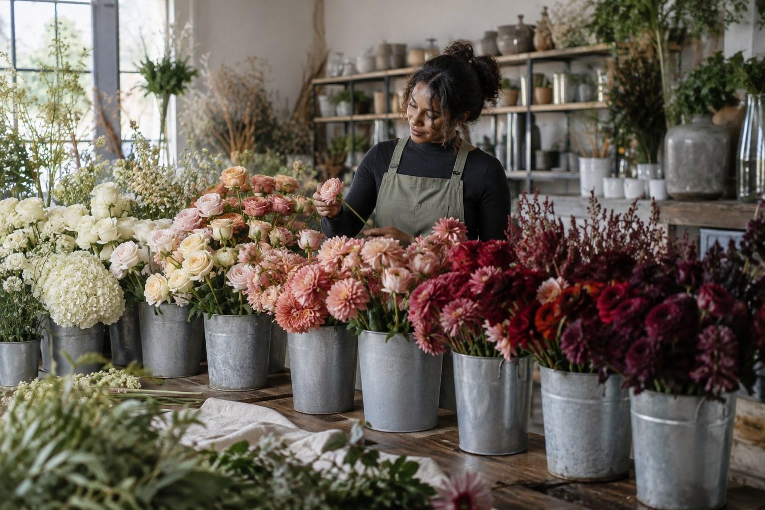 buckets of blooms sorted for wedding flower colour matching