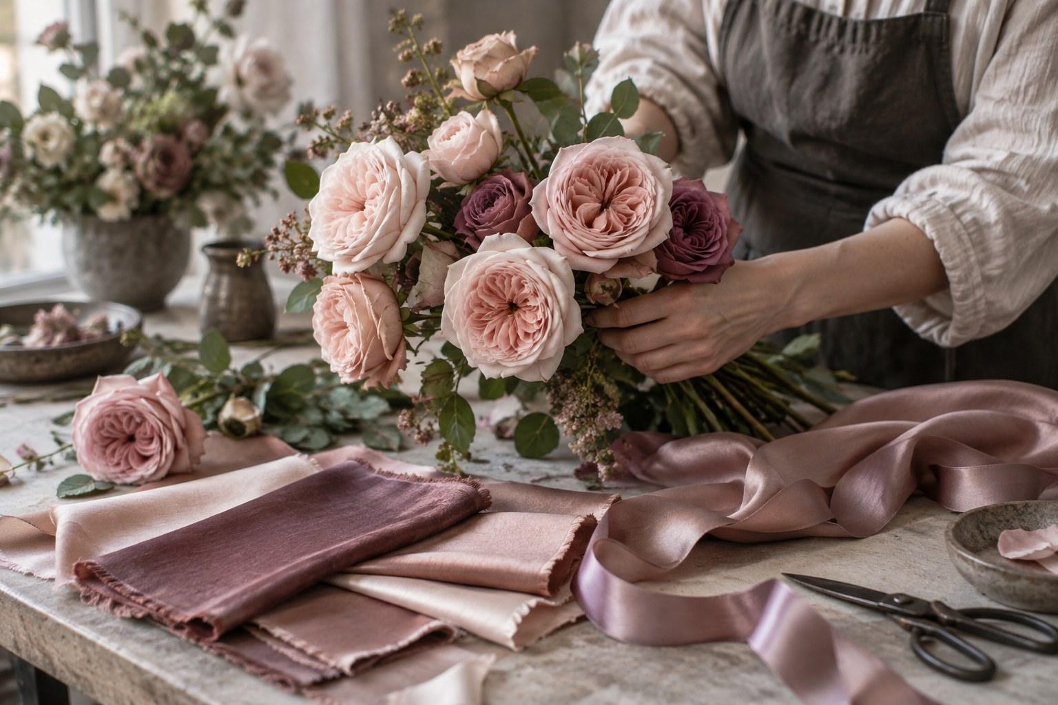 florist doing wedding flower colour matching against fabric swatches