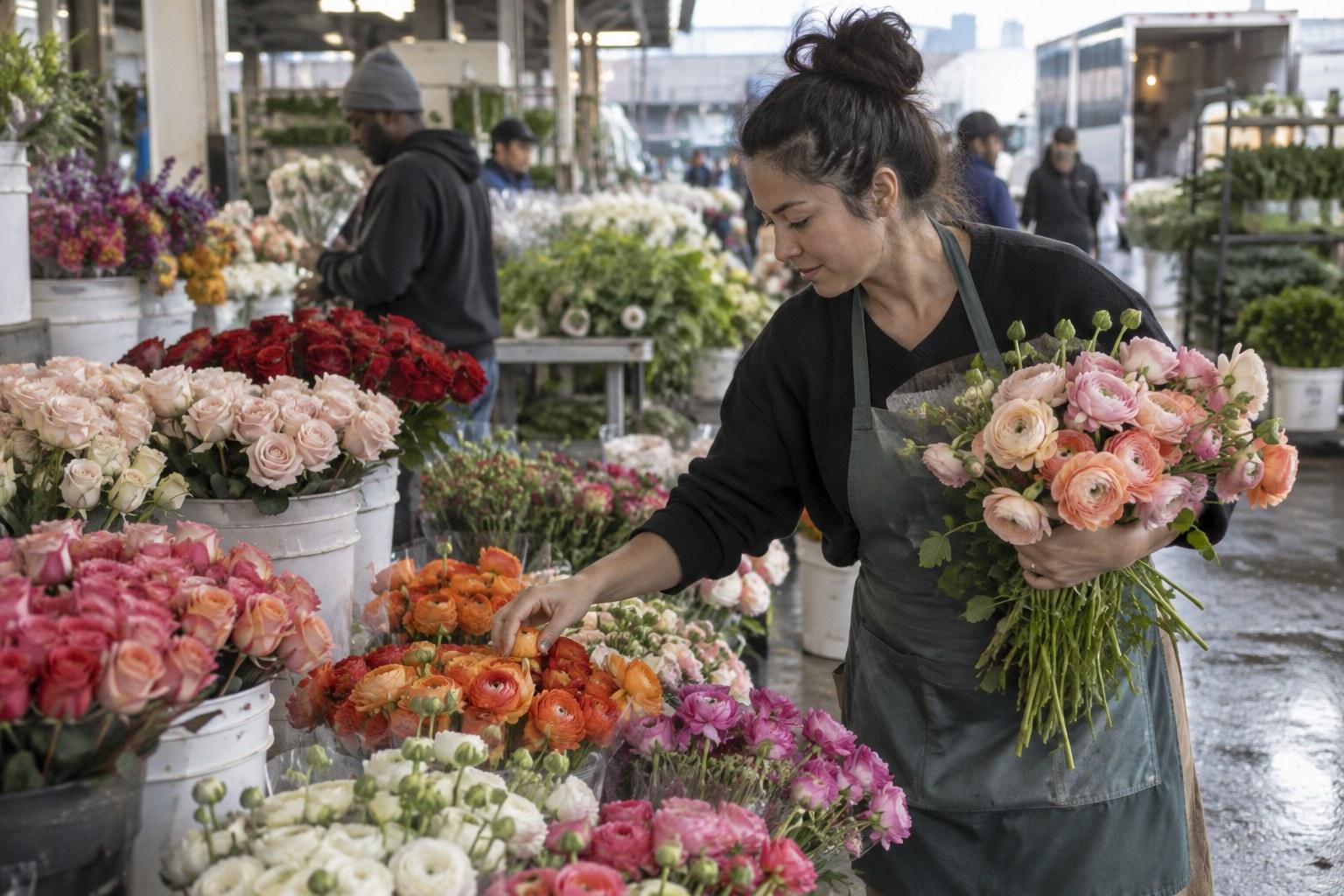 florist sourcing wedding flowers at a flower market