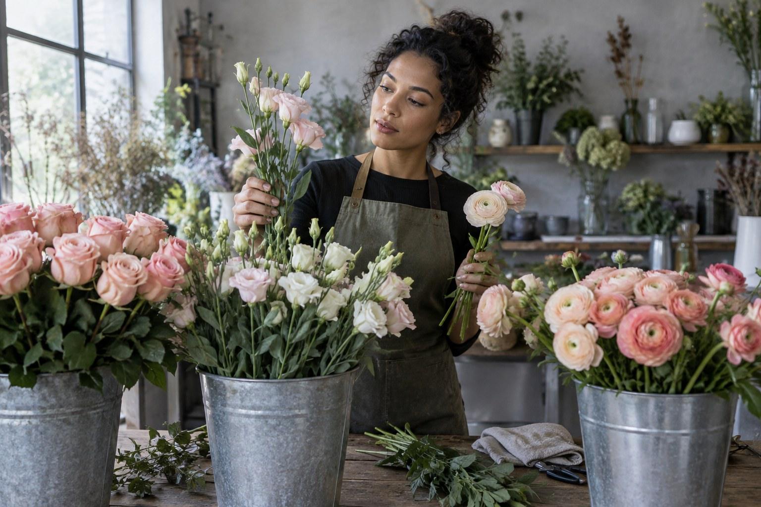 florist choosing wedding flower substitutions from buckets of stems