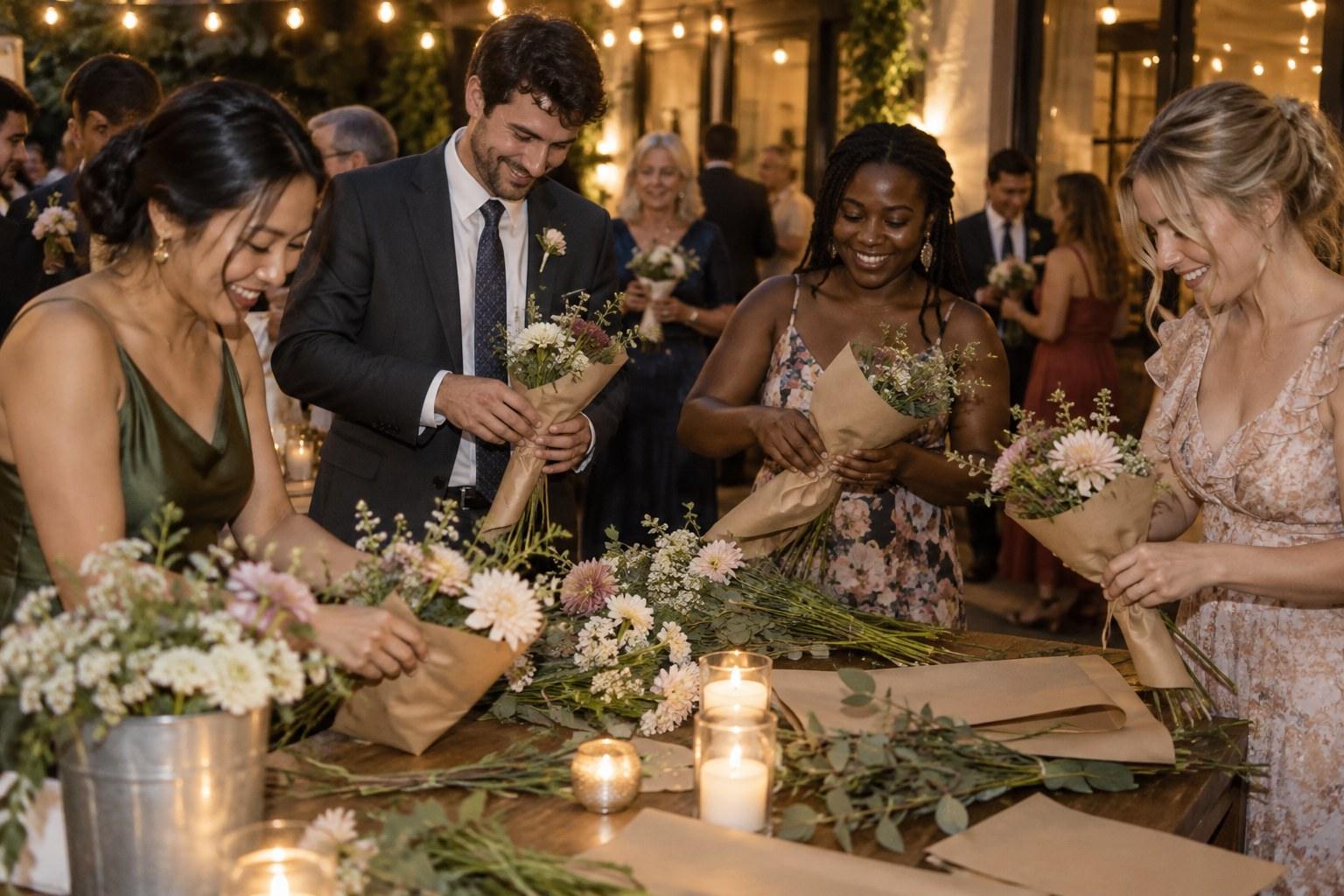 wedding guests taking home table flowers after the reception