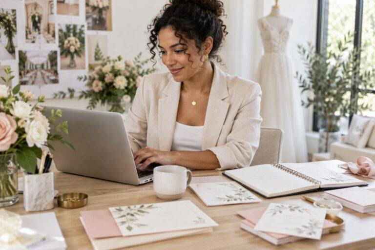 wedding planner managing a guest list spreadsheet on a laptop
