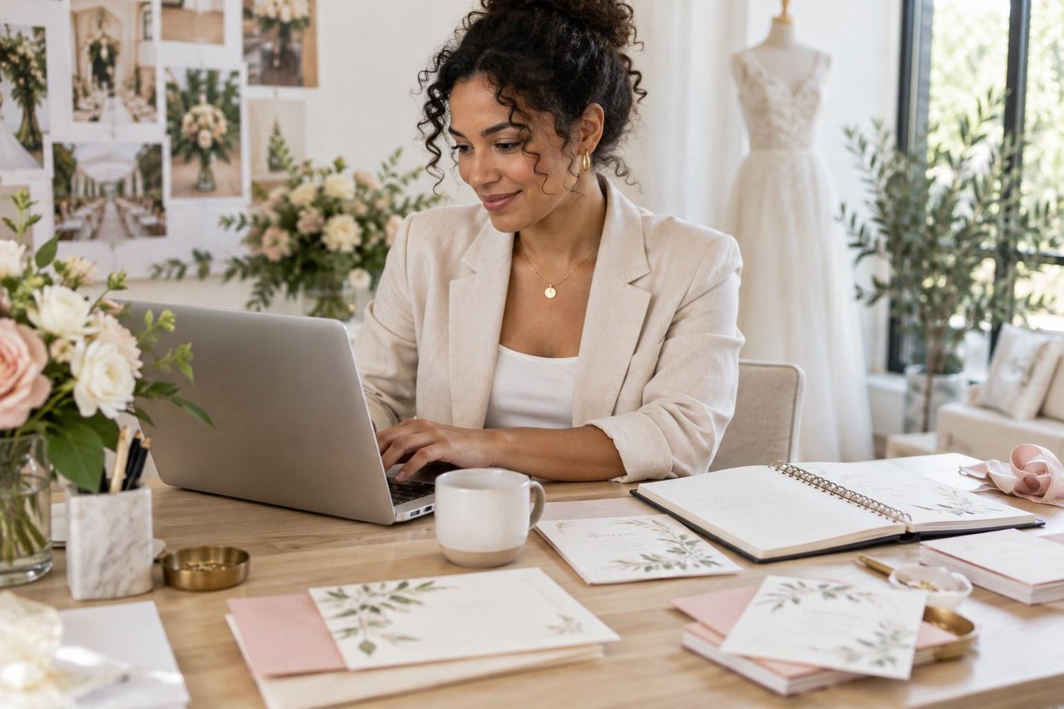 wedding planner managing a guest list spreadsheet on a laptop