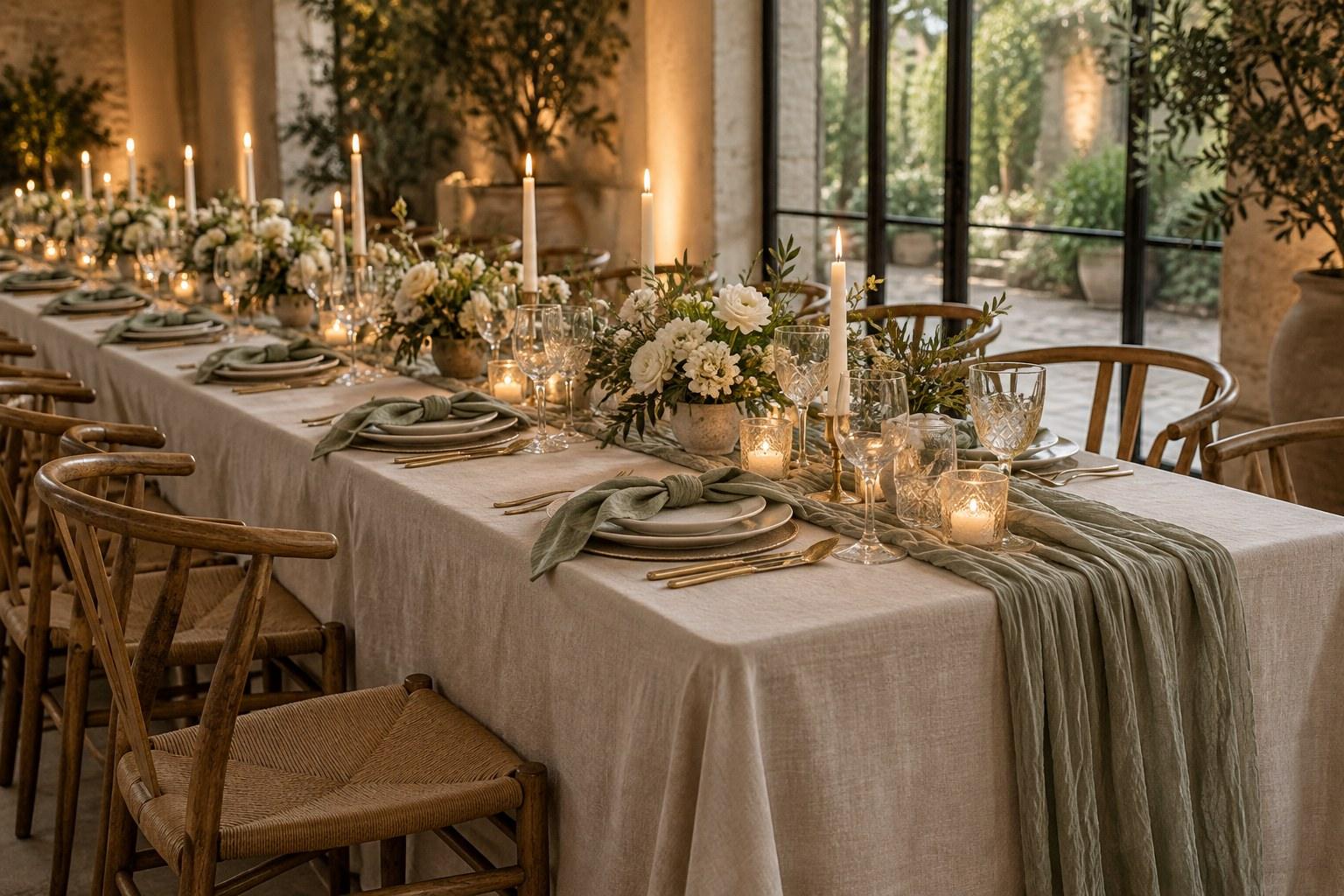 long wedding table styled with hired linen and runners