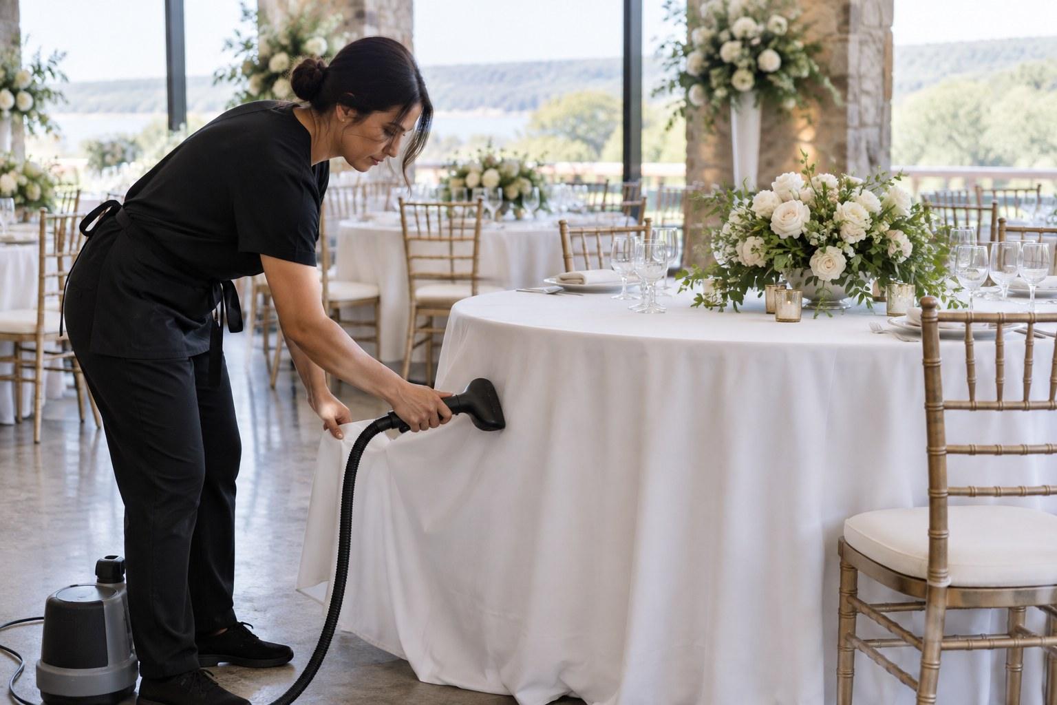 Wedding Academy | Wedding Linen Hire: A Stylist's Guide to Fabrics, Sizes and Colours wedding stylist steaming a hired linen tablecloth