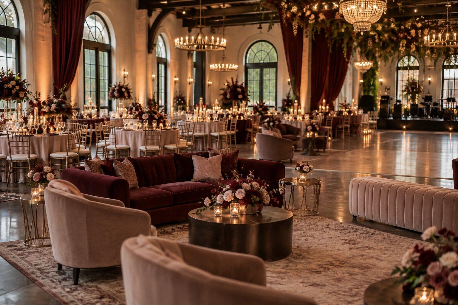 Wedding lounge area groupings zoning a large reception room around the dance floor