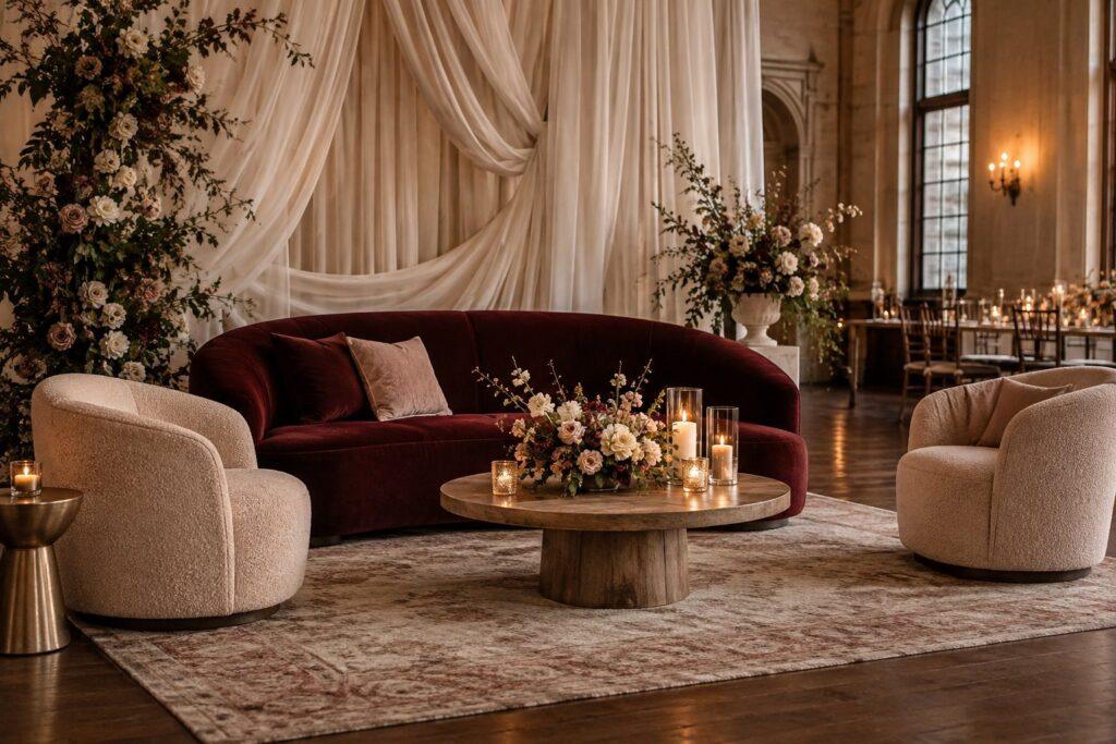 Wedding lounge furniture with a cabernet velvet sofa, armchairs and candles at a reception