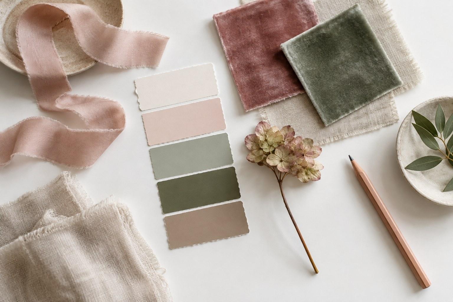 colour swatches and fabric samples for a clear wedding moodboard
