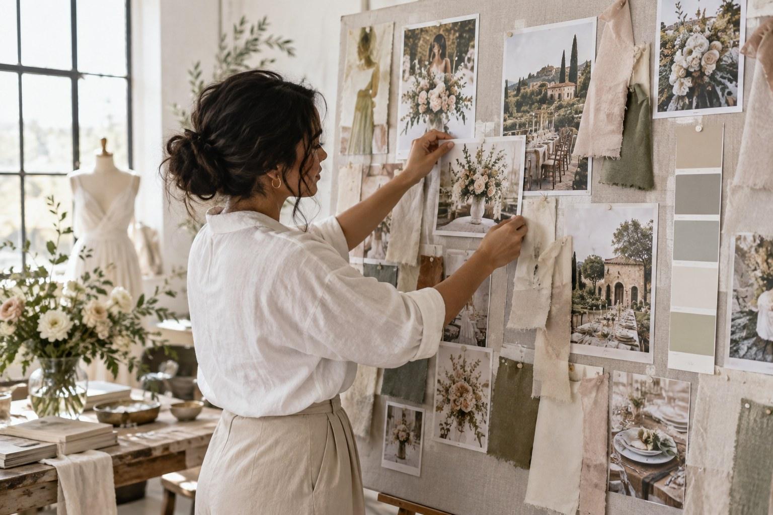 wedding stylist reviewing a moodboard to avoid wedding moodboard mistakes
