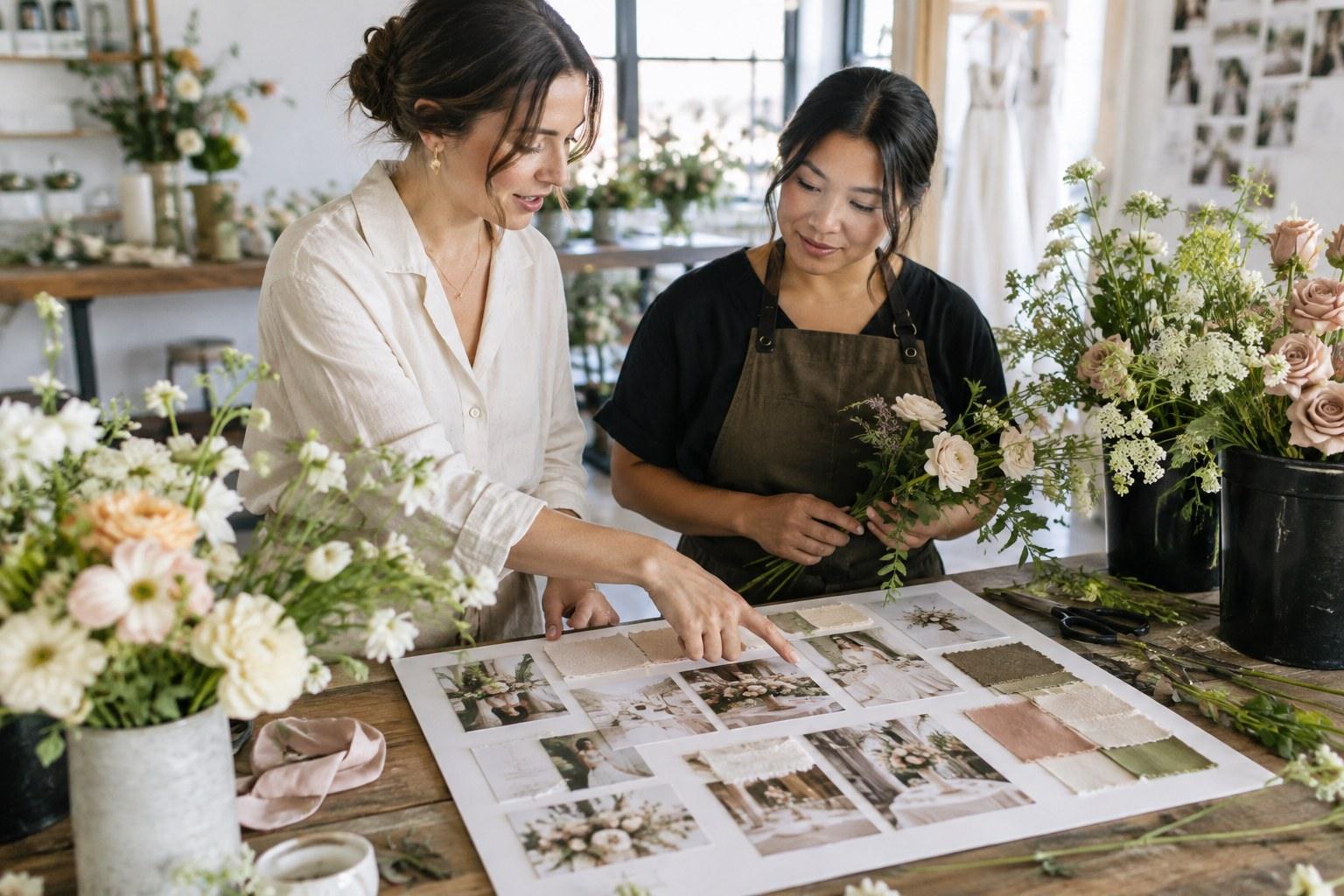 wedding stylist briefing a florist with an annotated moodboard