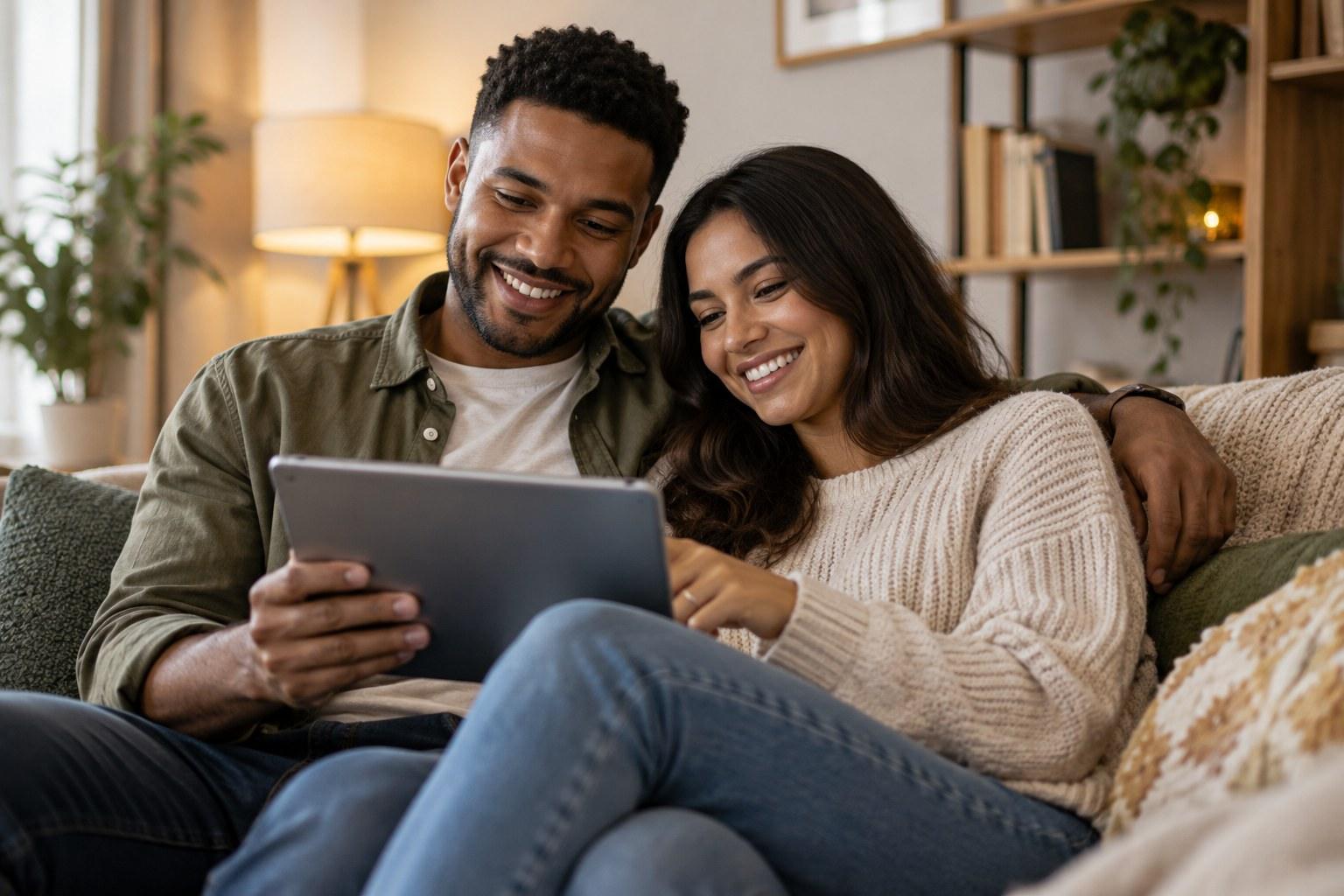 engaged couple searching for wedding planning advice online