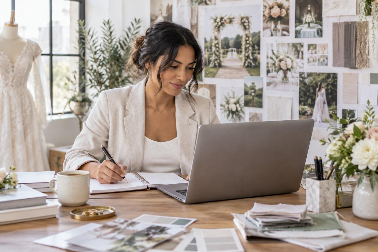 wedding planner writing blog content on a laptop
