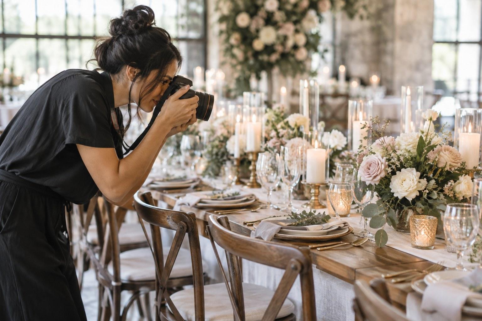 wedding planner photographing a styled table for blog content