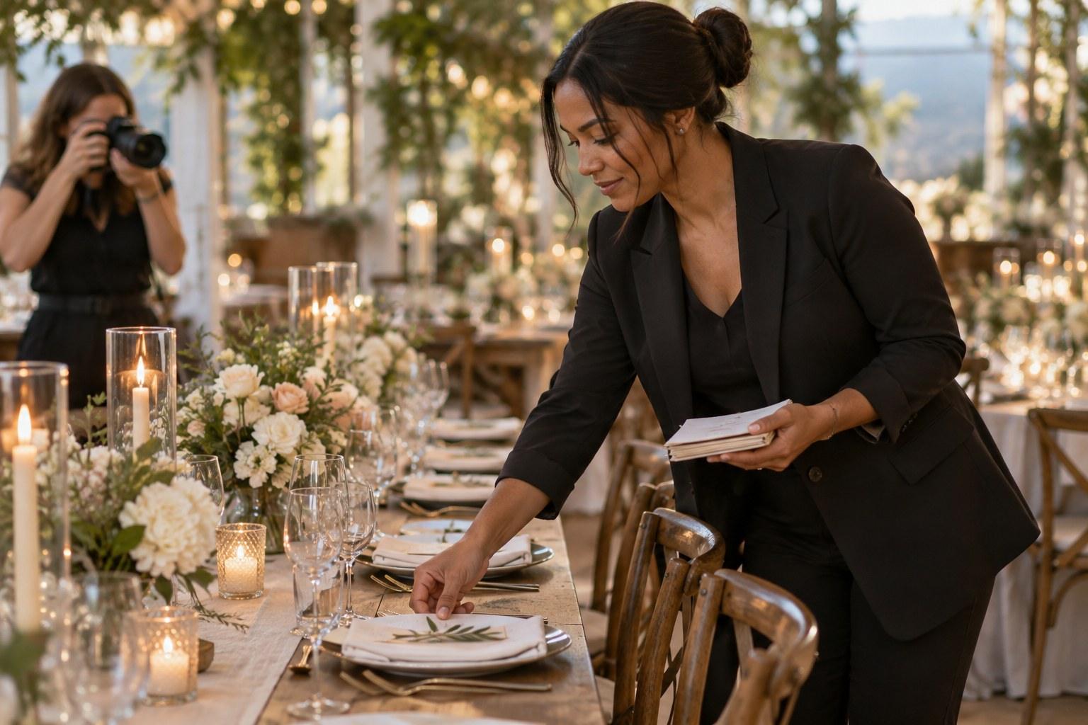 candid working brand photo of a wedding planner styling a table