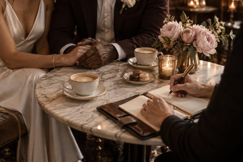 First client meeting Wedding planner asking client questions at a first meeting with a couple over coffee