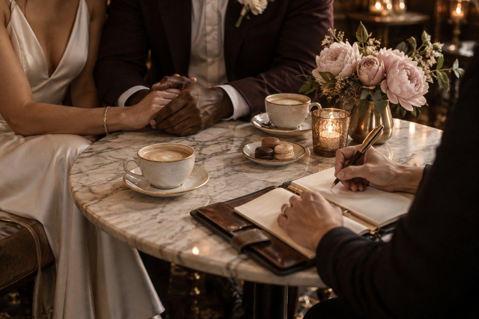 Wedding planner asking client questions at a first meeting with a couple over coffee
