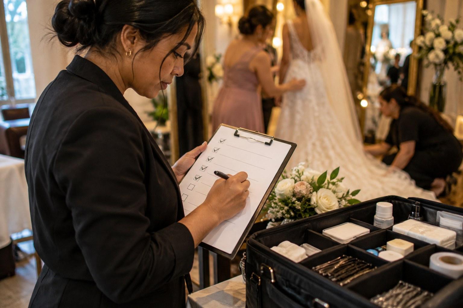 Wedding Academy | Wedding Planner Emergency Kit: What to Pack for the Wedding Day wedding planner emergency kit checklist on a clipboard